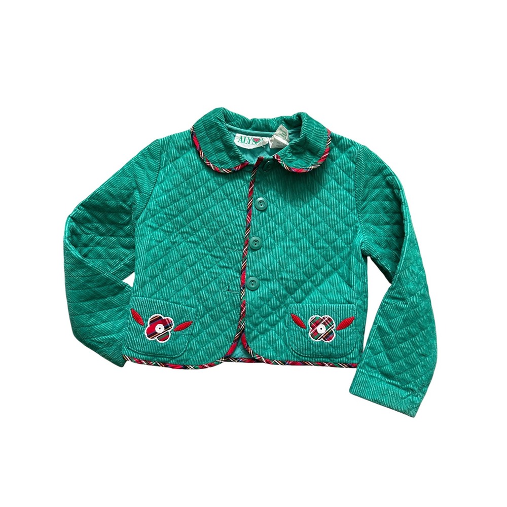 Alys Vintage Quilted Corduroy Jacket Green Plaid Trim‎ Floral Girls Size 5
